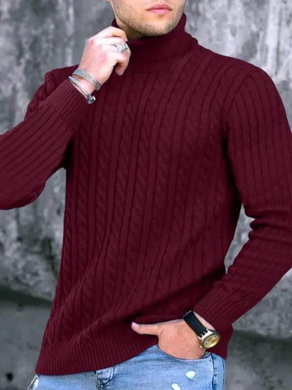 Sleek stretchy turtleneck sweater for men in maroon, showcasing casual elegance and tight fit.