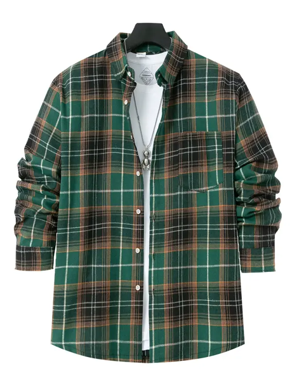 MENLL Kakaclo Plaid Shirt Men's Casual Long Sleeve Brushed Stylish Top by MENLL