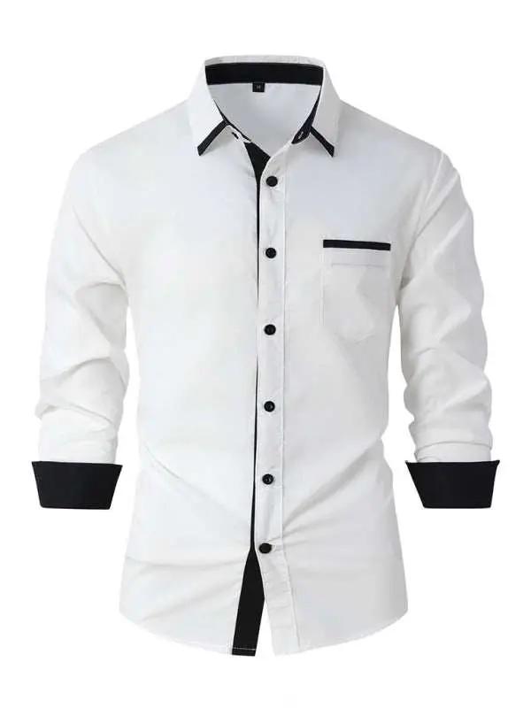 Stylish Men's Color Block Long Sleeve Shirt - Perfect for Business and Casual Elegance - MENLL