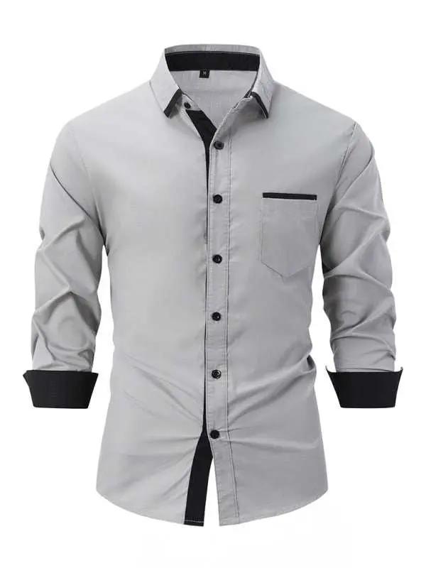 Stylish Men's Color Block Long Sleeve Shirt - Perfect for Business and Casual Elegance - MENLL