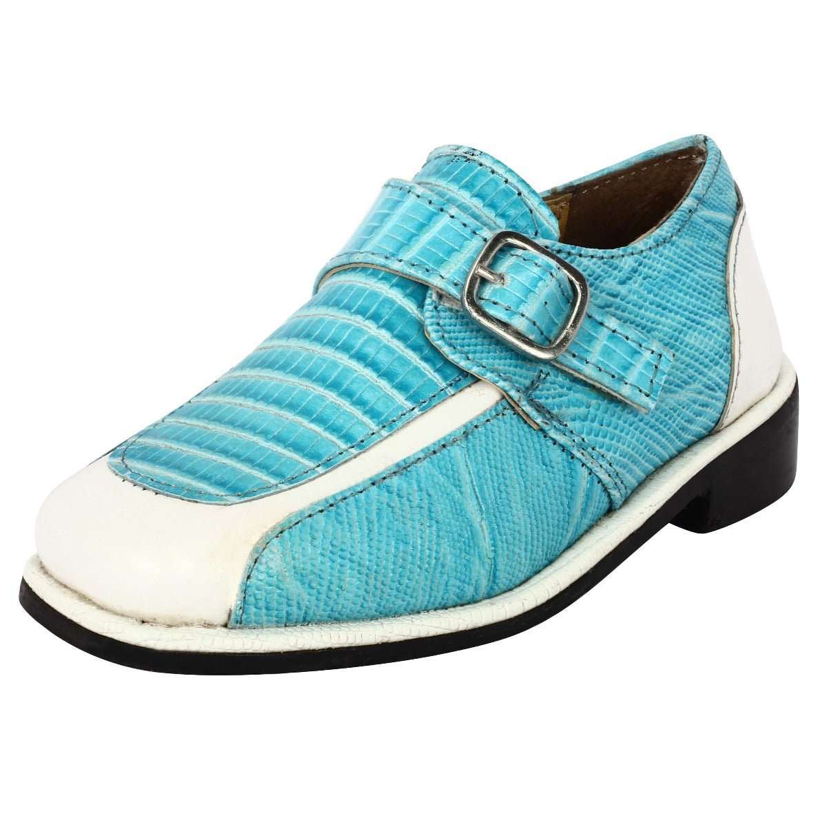 Lunny Leather Oxford Style Dress Shoes for kids with genuine leather upper, rubber sole, and lizard print design.