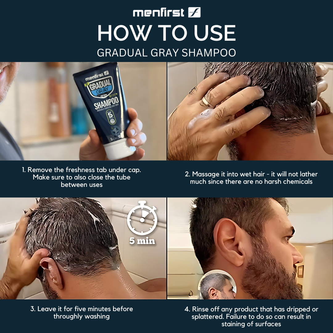Menfirst Gradual Gray - Good Bye Gray Hair- 3-in-1 Shampoo + Beard Wash & Darkening Pomade - 3 Pack Bundle - MENLL