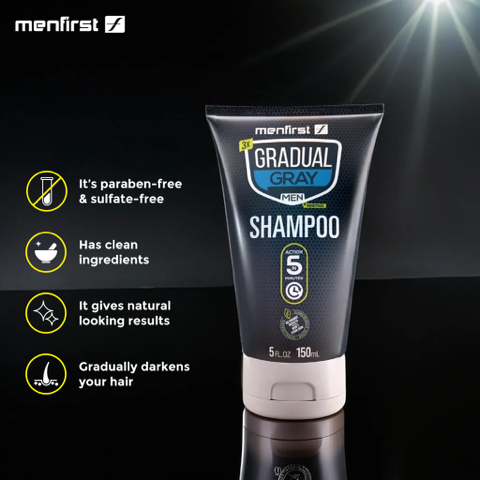Menfirst Gradual Gray - Good Bye Gray Hair- 3-in-1 Shampoo + Beard Wash & Darkening Pomade - 3 Pack Bundle - MENLL