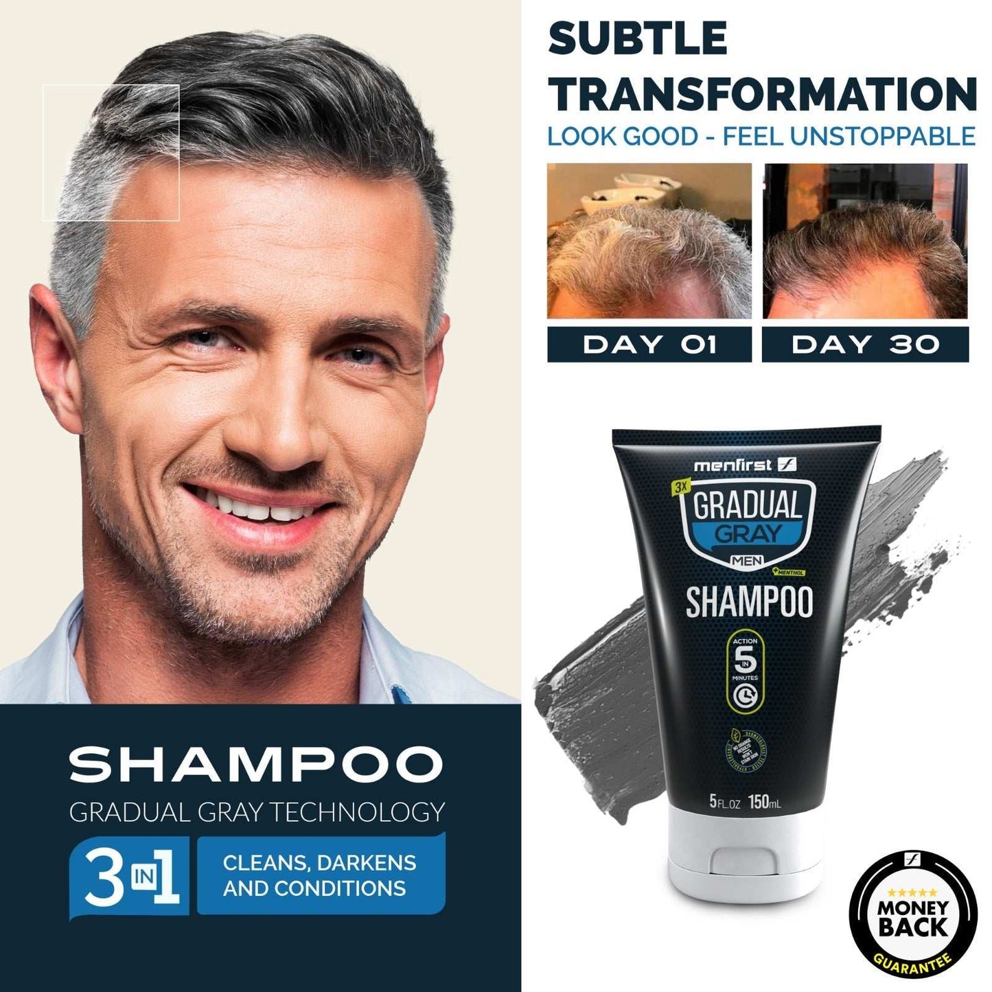 Menfirst Gradual Gray - Good Bye Gray Hair- 3-in-1 Shampoo + Beard Wash & Darkening Pomade - 3 Pack Bundle - MENLL
