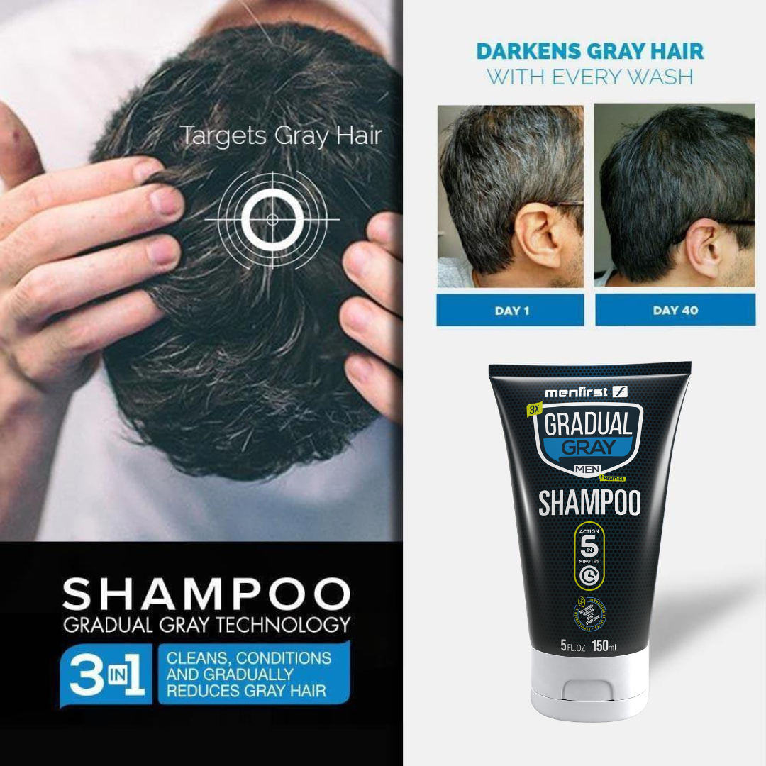 Menfirst Gradual Gray - Good Bye Gray Hair- 3-in-1 Shampoo + Beard Wash & Darkening Pomade - 3 Pack Bundle - MENLL