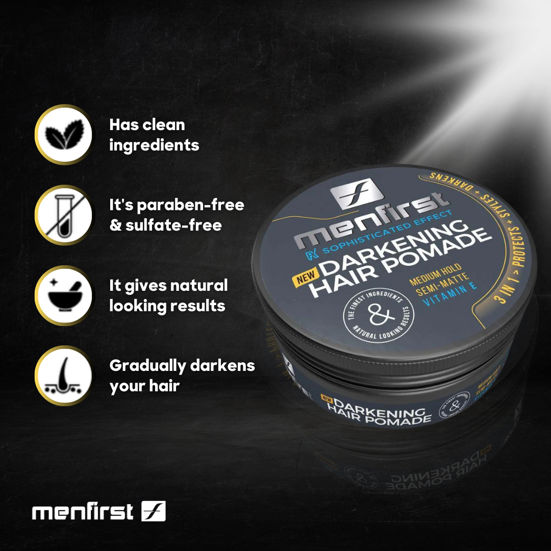 Menfirst Gradual Gray - Good Bye Gray Hair- 3-in-1 Shampoo + Beard Wash & Darkening Pomade - 3 Pack Bundle - MENLL