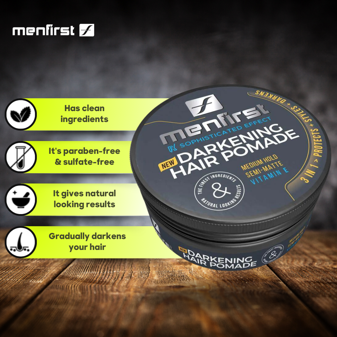 Menfirst Gradual Gray - Good Bye Gray Hair- 3-in-1 Shampoo + Beard Wash & Darkening Pomade - 3 Pack Bundle - MENLL