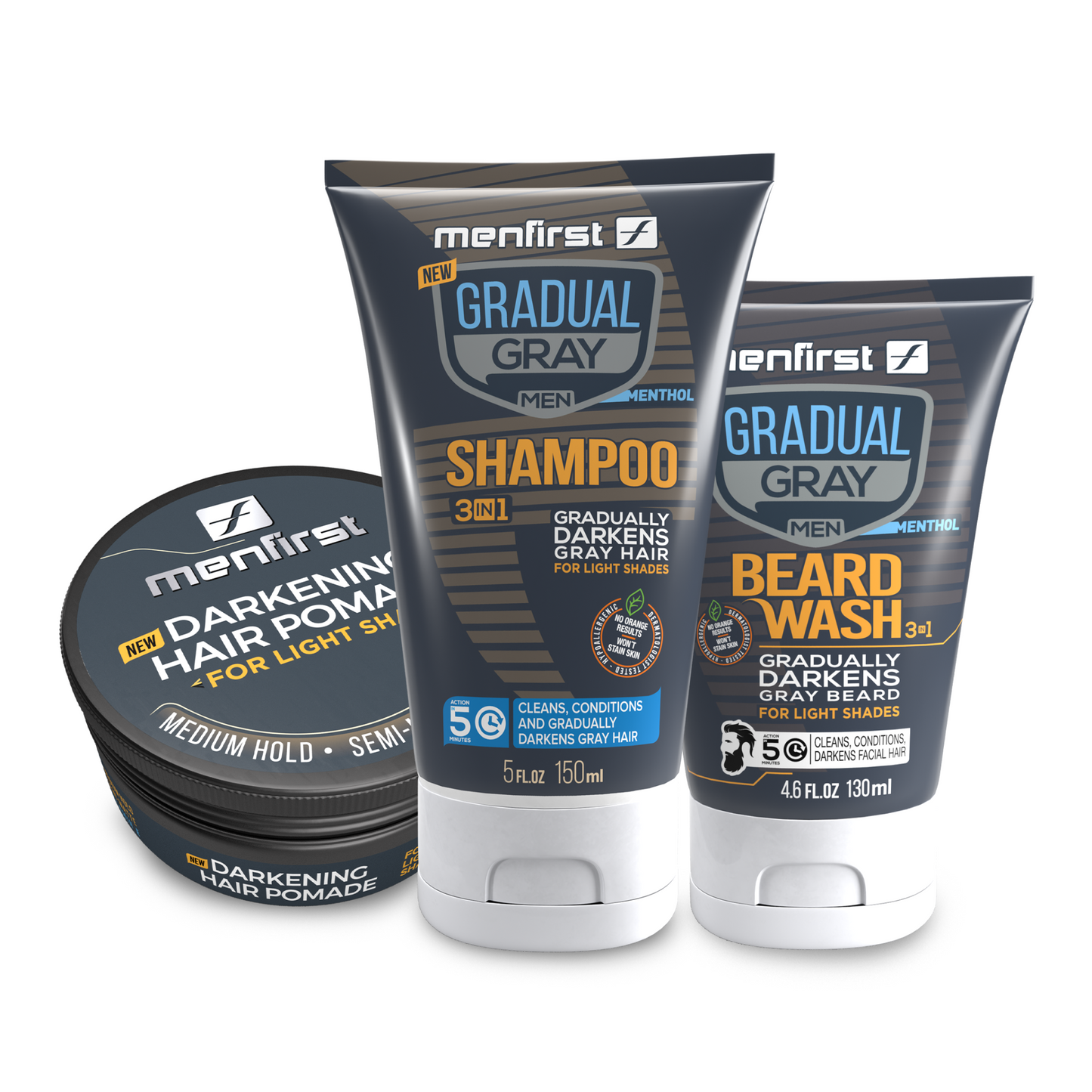 Menfirst Gradual Gray - Good Bye Gray Hair- 3-in-1 Shampoo + Beard Wash & Darkening Pomade - 3 Pack Bundle - MENLL