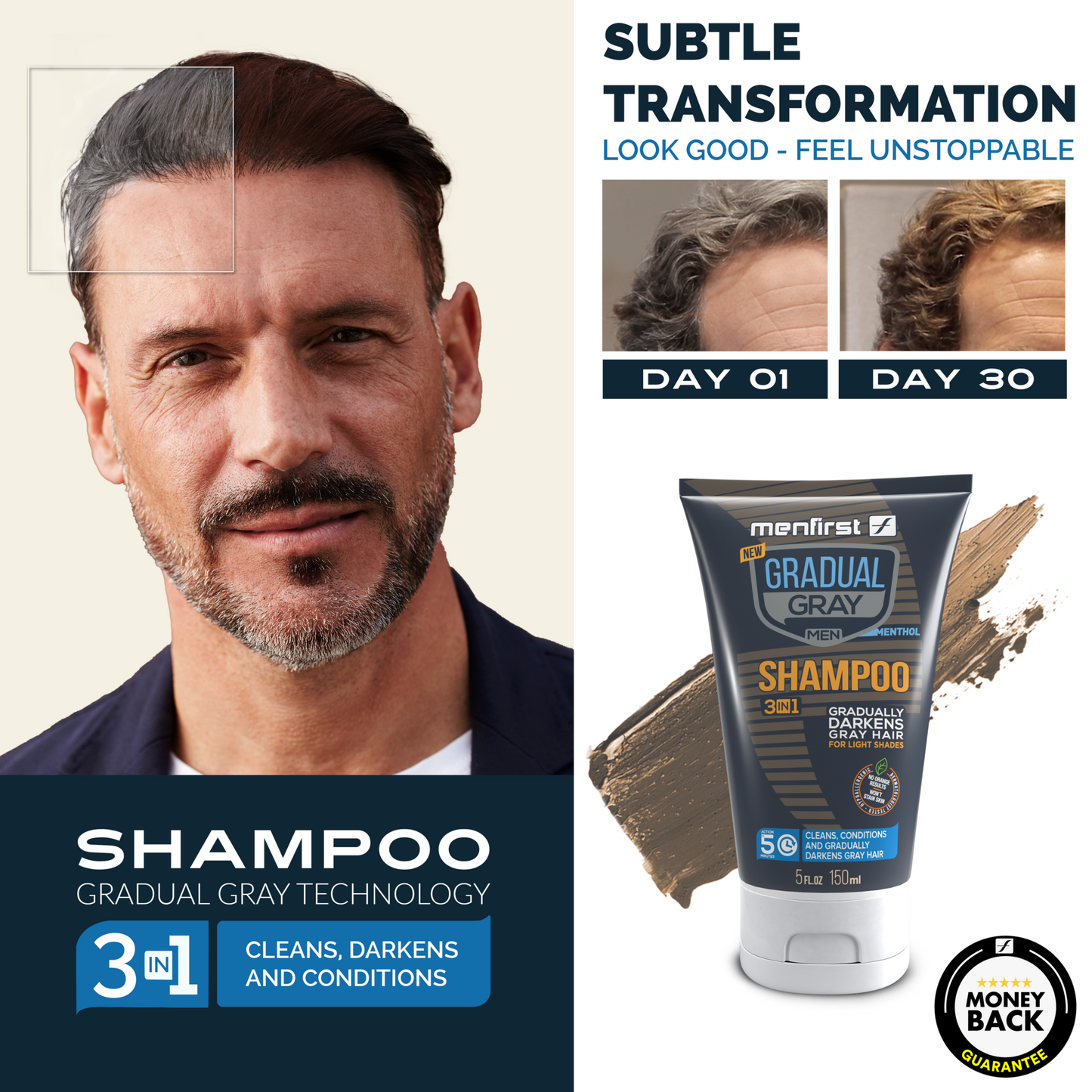 Menfirst Gradual Gray - 3-in-1 Shampoo - Natural Darkening Formula - 1 Pack - 5 Oz Each - MENLL