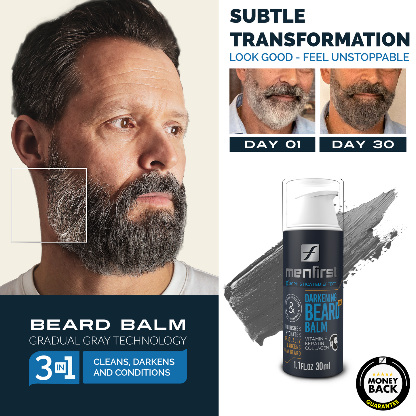 Menfirst Gradual Gray - Beard Balm - Natural Darkening Formula - 3 Pack - 1.1 Oz each - MENLL