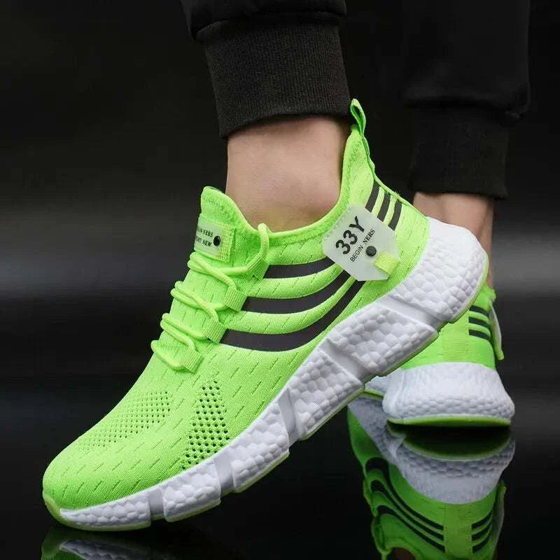 Men's breathable lightweight casual sport shoes in neon green, featuring mesh upper and durable TPR outsole.