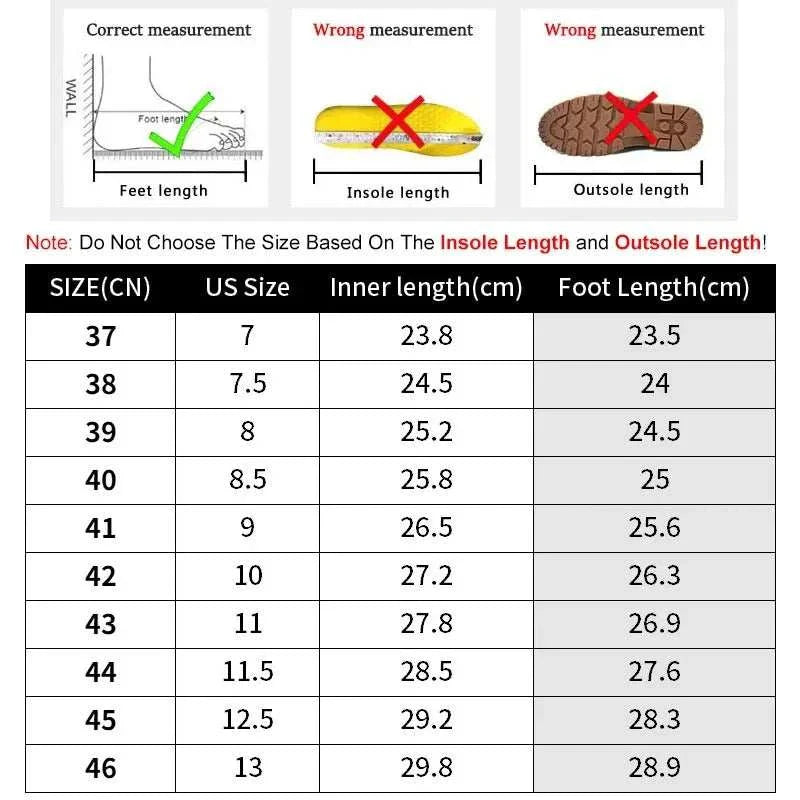 Men's casual sport shoes size chart with US and CN sizes and foot measurements.