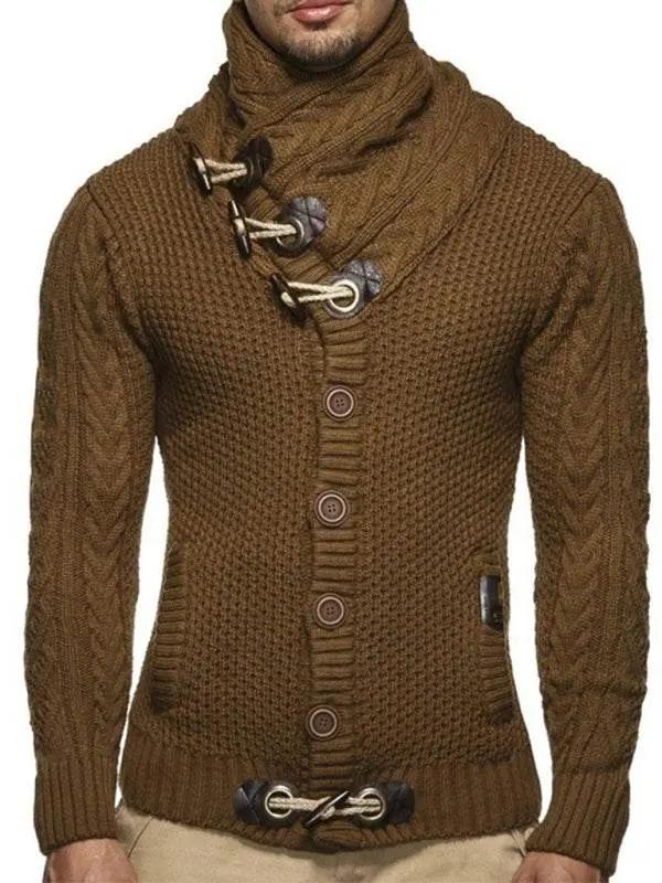 Chic men's knitted turtleneck sweater jacket with classic button detail.