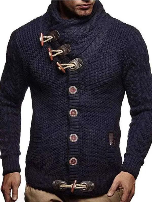 Chic Men's Knitted Turtleneck Sweater Jacket with Classic Button Detail - MENLL