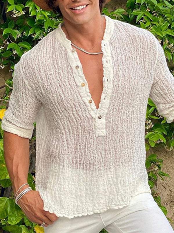 Chic Men's Linen Oversized Cold Shoulder Button-Up Shirt for Effortless Street Style