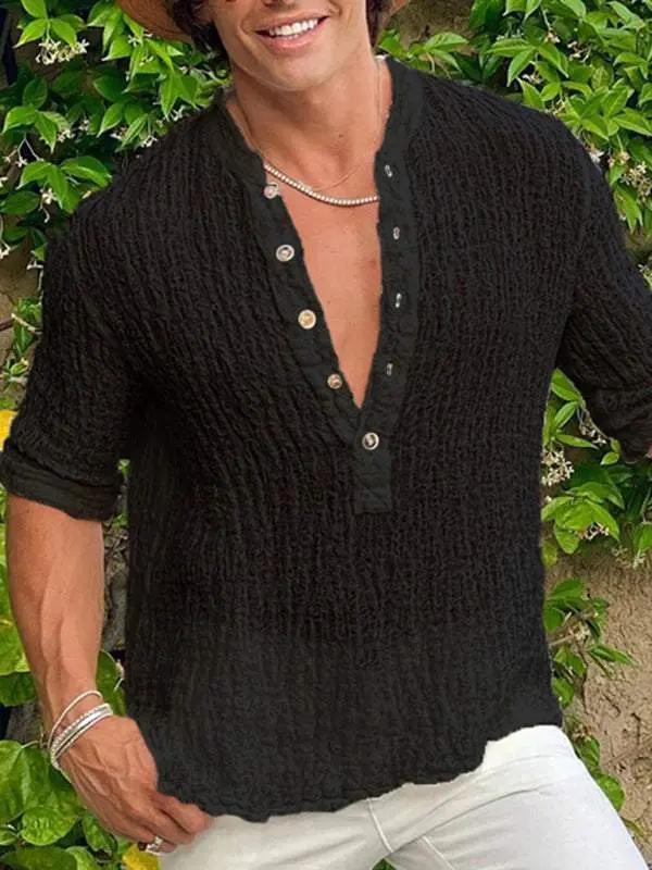 Chic Men's Linen Oversized Cold Shoulder Button-Up Shirt for Effortless Street Style - MENLL