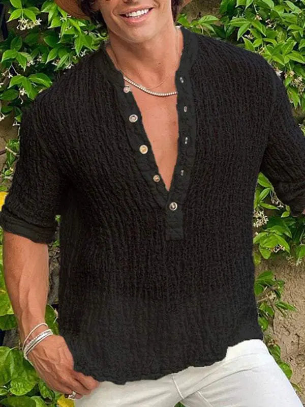 Chic Men's Linen Oversized Cold Shoulder Button-Up Shirt for Effortless Street Style - MENLL