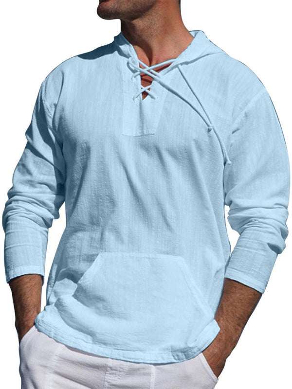 Chic Men's Hooded Long-Sleeve Tie Shirt in Soft Cotton-Linen Blend