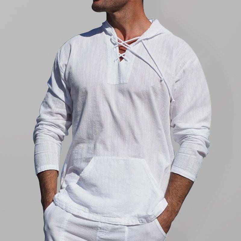Chic Men's Hooded Long-Sleeve Tie Shirt in Soft Cotton-Linen Blend