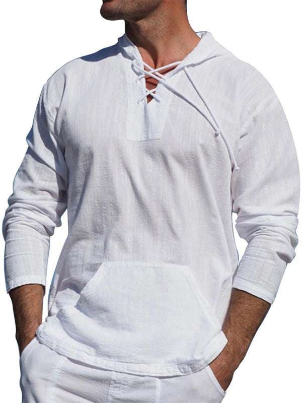 Chic Men's Hooded Long-Sleeve Tie Shirt in Soft Cotton-Linen Blend