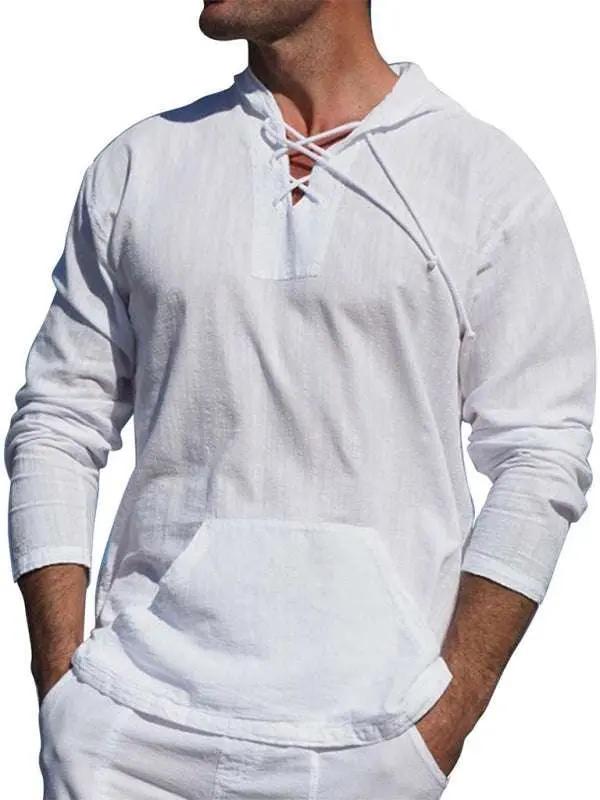 Chic Men's Hooded Long-Sleeve Tie Shirt in Soft Cotton-Linen Blend - MENLL