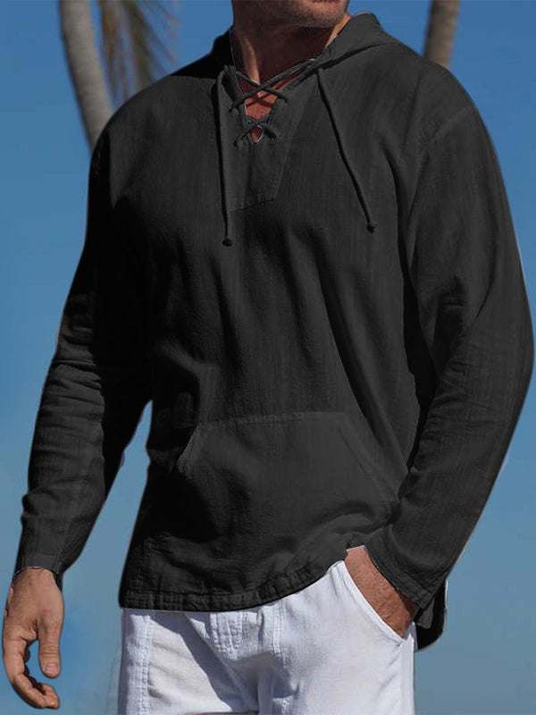 Chic Men's Hooded Long-Sleeve Tie Shirt in Soft Cotton-Linen Blend