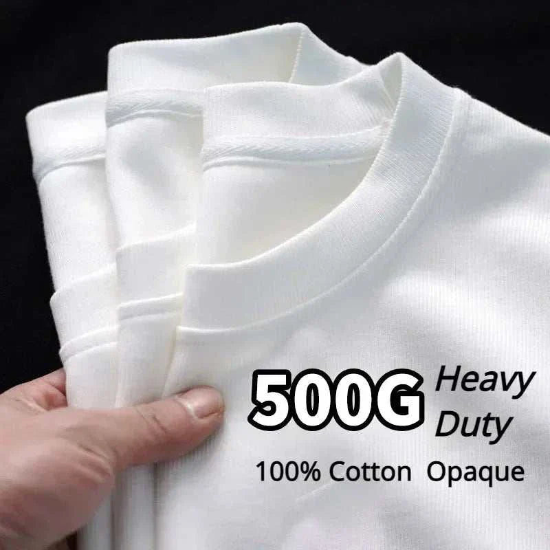 Heavy-duty pure cotton T-shirt, 500g GSM, round neck, short sleeves, black and white design.
