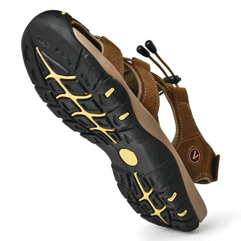 Summer men's genuine leather sandals with rubber outsole, ideal for casual outdoor activities.