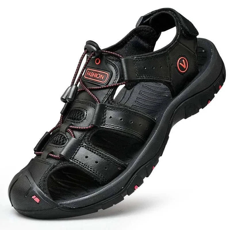 Summer men's sandals in black artificial leather with elastic band closure, featuring a comfortable EVA insole and rubber outsole.