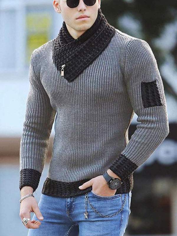 Chic men's color-blocked scarf sweater with contrasting stitching, ideal for business casual style.