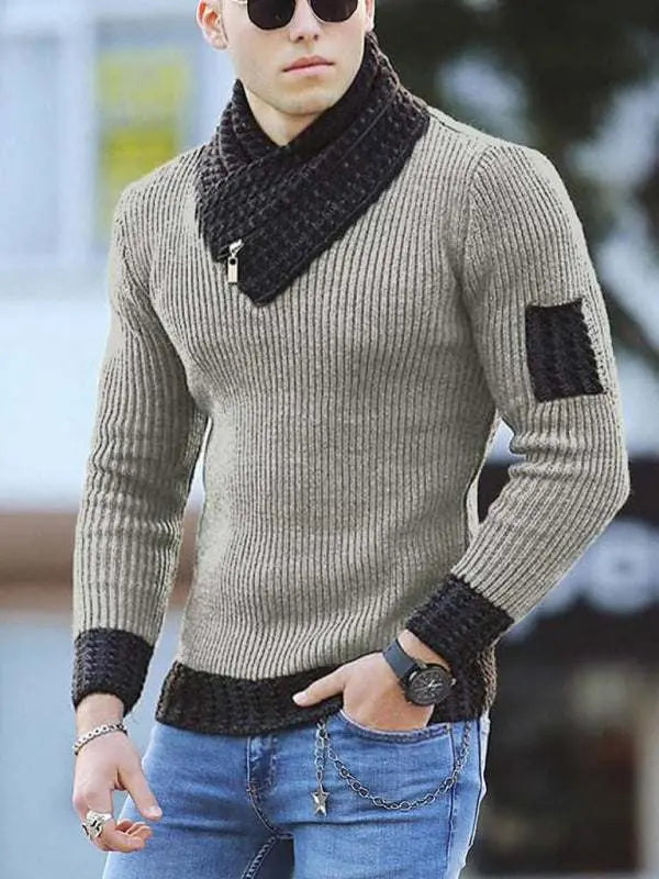 Chic Men's Color-Blocked Scarf Sweater for Effortless Business Casual Style - MENLL