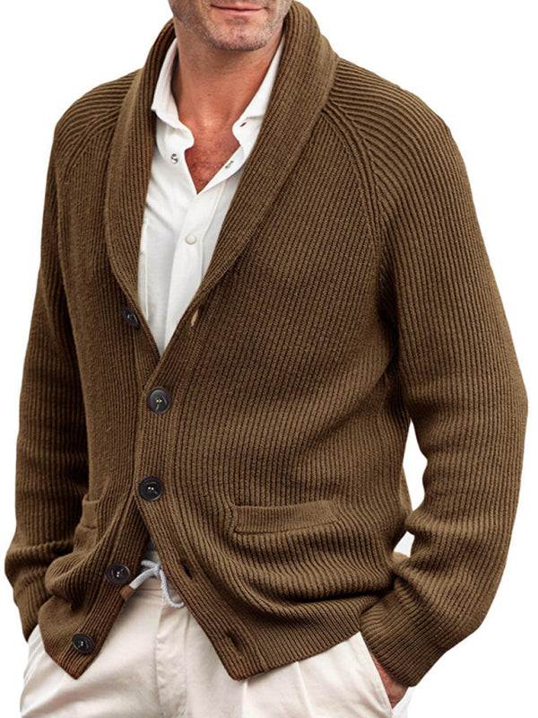 Men's knit jacket with lapel, long sleeves, and buttons, perfect for autumn-winter style.