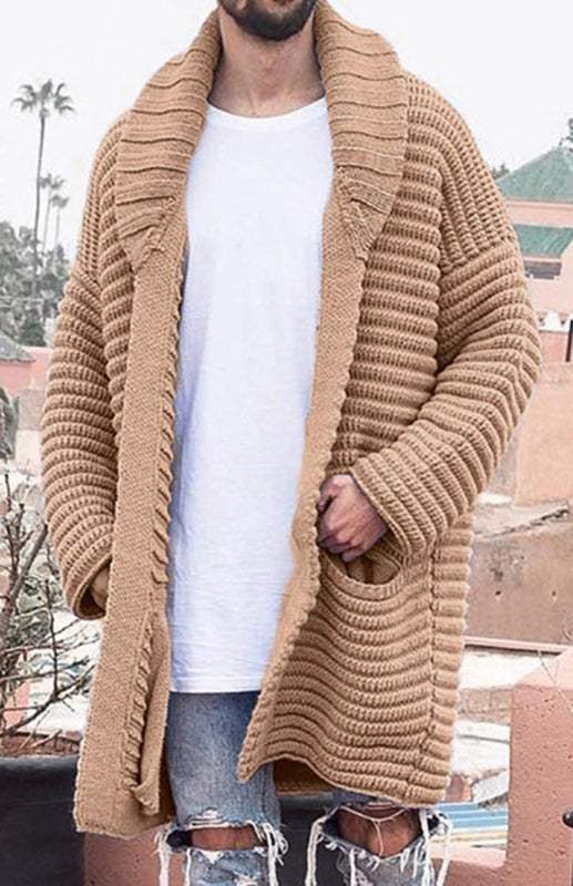 Chic Men's Lapel Cardigan: Stylish Mid-Length Knitted Jacket for Ultimate Comfort and Versatility