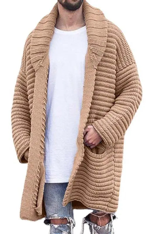 MENLL Chic Mens Lapel Cardigan Mid Length Knit Beige by MENLL