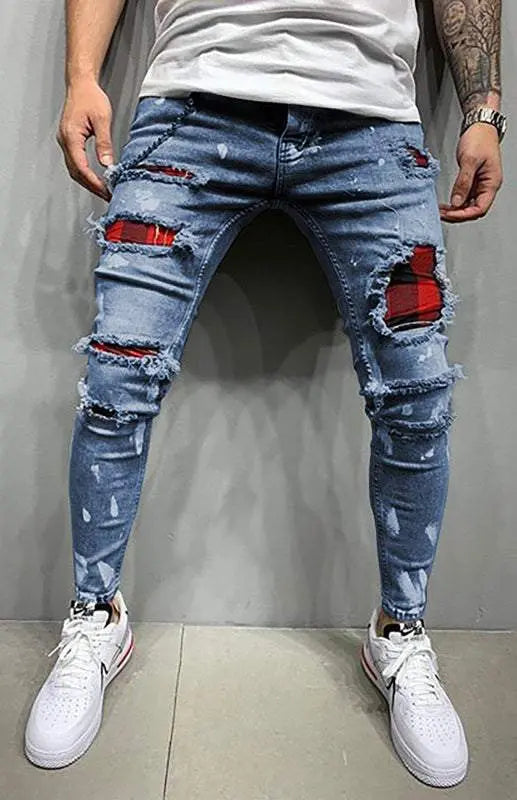 MENLL Distressed Jeans Men's Slim Fit Ripped Stretch Denim Fashion Jeans by MENLL