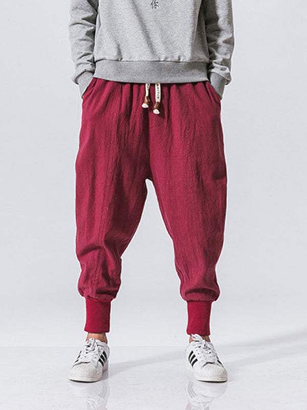 Chic Linen Hip Hop Trousers for Men - Breathable Cotton Blend Casual Pants in Solid Colors - MENLL