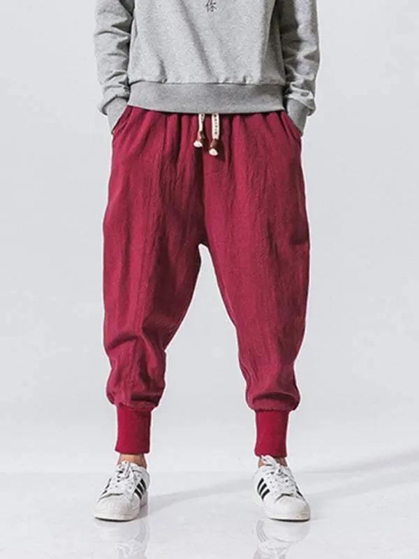 Chic Linen Hip Hop Trousers for Men - Breathable Cotton Blend Casual Pants in Solid Colors - MENLL