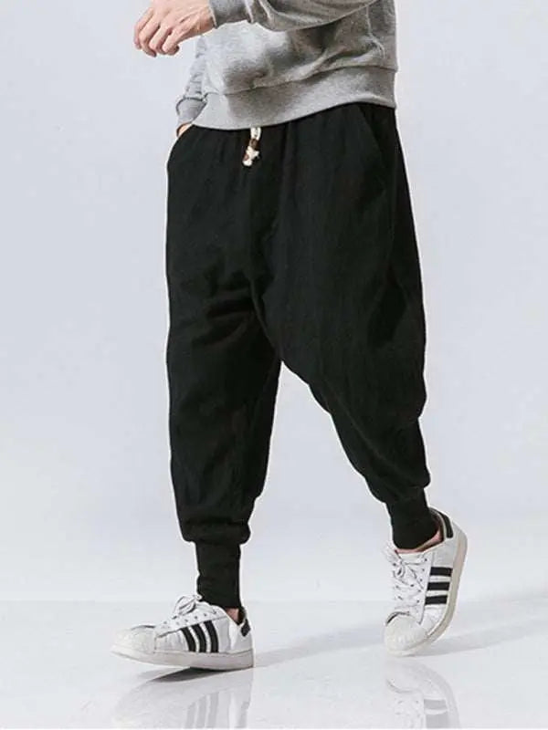 Chic Linen Hip Hop Trousers for Men - Breathable Cotton Blend Casual Pants in Solid Colors - MENLL