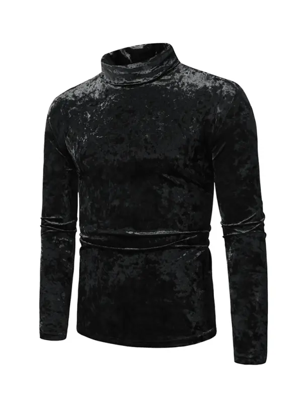 Chic High Neck Suede Turtleneck T-Shirt - Cozy Solid Color Long Sleeve Essential for Fall & Winter - MENLL