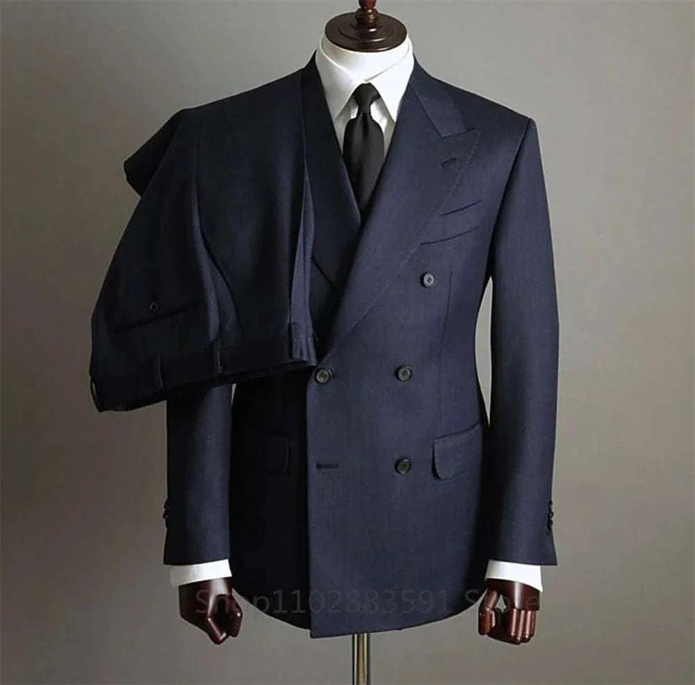 Blazer Pants Fashion Solid Color Mens Office Business Double breasted Suit Groom Wedding Dress Host Groom Dress Host Tuxedo - MENLL