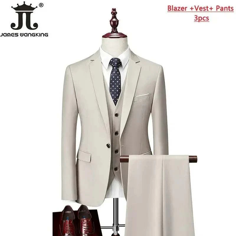 M-6XL 15 Colors ( Jacket+Vest+Pants ) Formal Business Office Men's Suits Groom Wedding Dress Party Dress Solid color Suit - MENLL