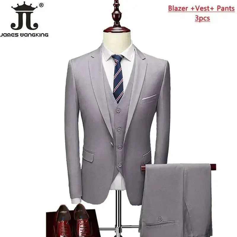 M-6XL 15 Colors ( Jacket+Vest+Pants ) Formal Business Office Men's Suits Groom Wedding Dress Party Dress Solid color Suit - MENLL