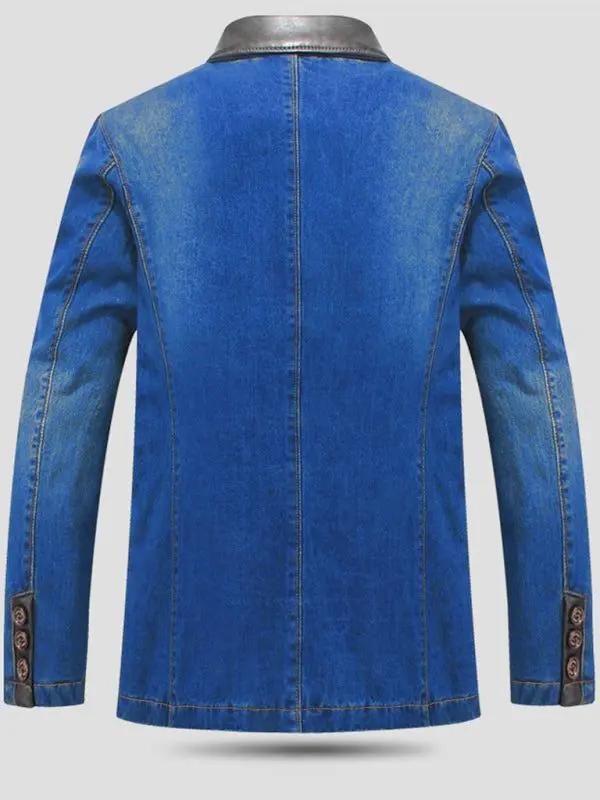 Chic Men's Denim Blazer with Stylish Patchwork Design - MENLL