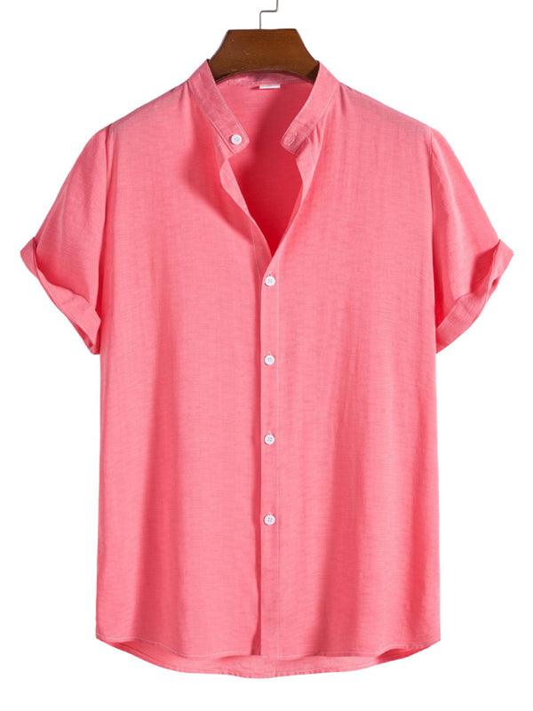 Fashion trendy men's casual short sleeve stand collar shirt, lightweight pink design.
