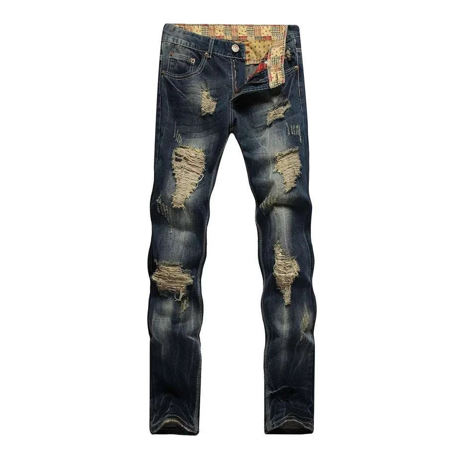 Timeless Distressed Denim: Men's Chic Vintage Ripped Jeans - MENLL
