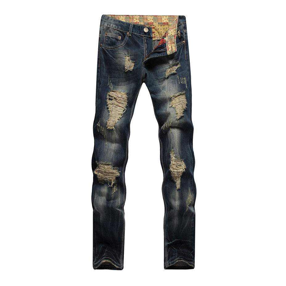 Timeless Distressed Denim: Men's Chic Vintage Ripped Jeans - MENLL