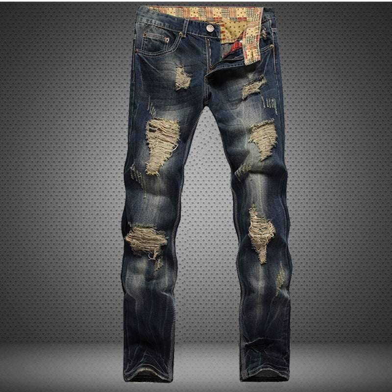 Timeless Distressed Denim: Men's Chic Vintage Ripped Jeans - MENLL