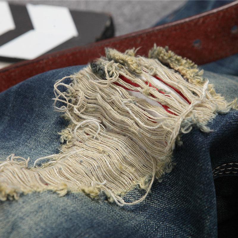 Timeless Distressed Denim: Men's Chic Vintage Ripped Jeans - MENLL