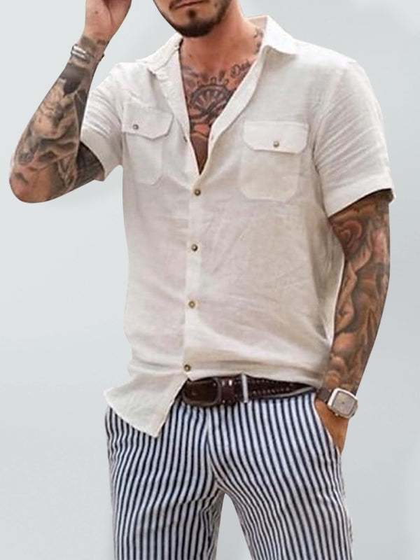 Men's short sleeve woven shirt with double pockets, casual style, cotton-polyester blend.