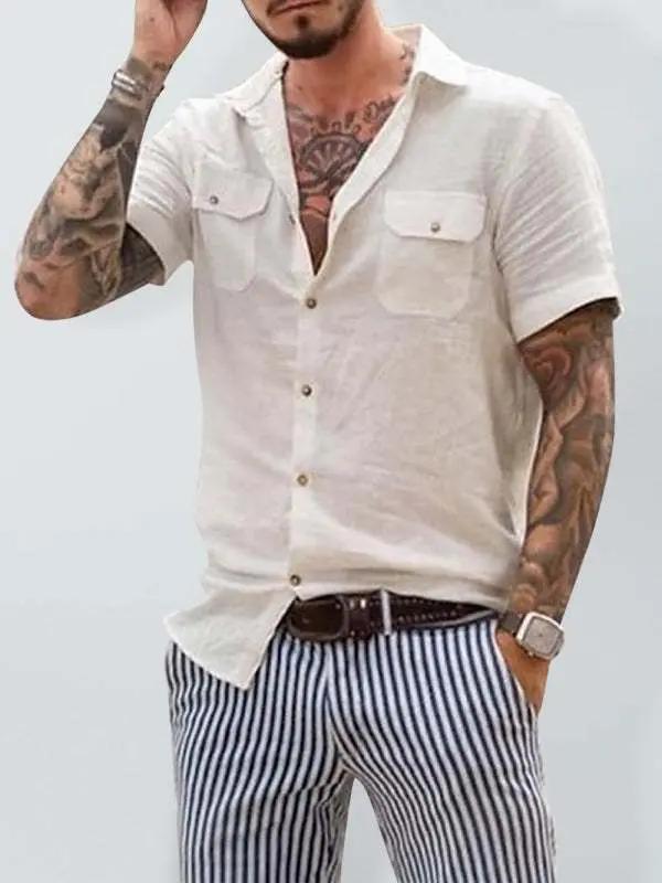 Men's short sleeve woven shirt with double pockets, casual style, cotton-polyester blend.